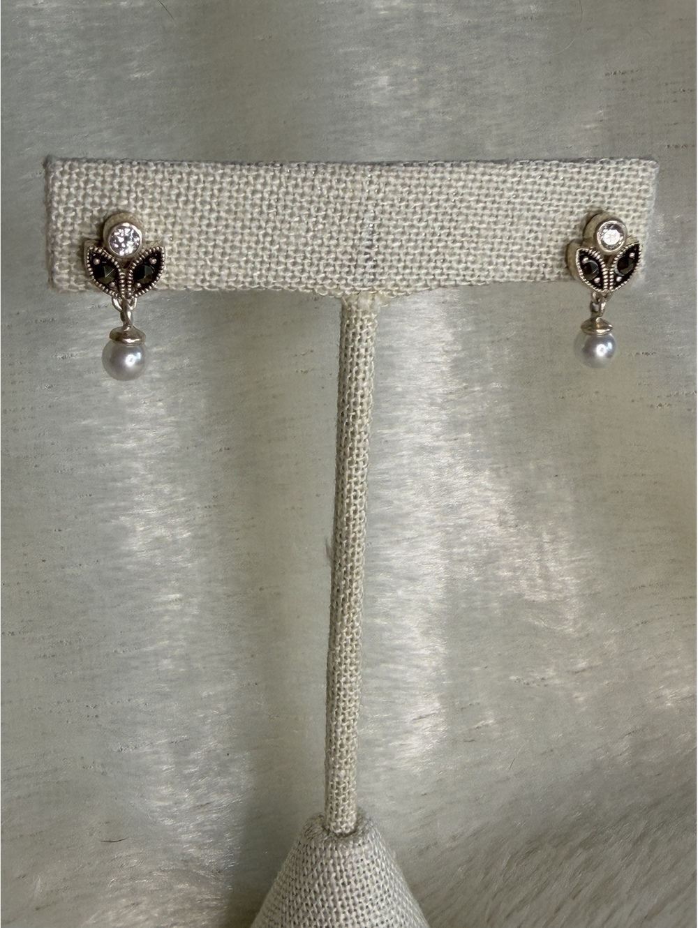 Silpada Rare HTF Sterling Silver & Marcasite Post Earrings w/Pearl Drop